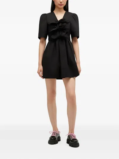Ganni Belted Bow-embellished Stretch-cotton Poplin Midi Dress In Black
