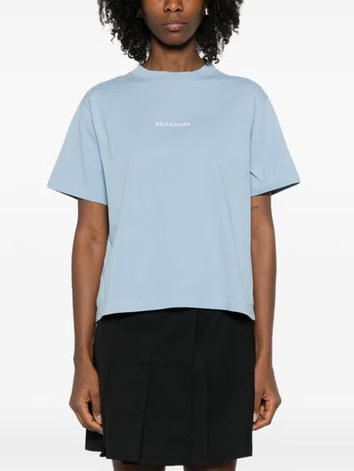 Balenciaga Logo Embroidered Cotton Jersey T-shirt In Blue