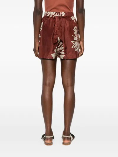 Brunello Cucinelli Women Silk Twill Shorts With Floral Print And Elasticated Waistband In Brown