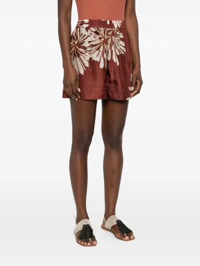Brunello Cucinelli Women Silk Twill Shorts With Floral Print And Elasticated Waistband In Brown