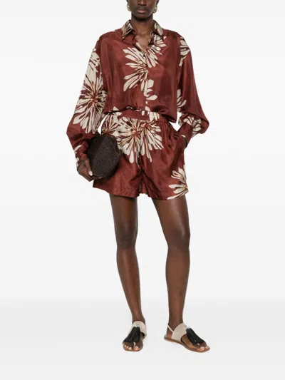 Brunello Cucinelli Women Silk Twill Shorts With Floral Print And Elasticated Waistband In Brown