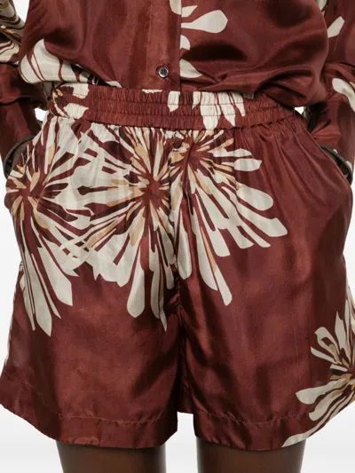 Brunello Cucinelli Women Silk Twill Shorts With Floral Print And Elasticated Waistband In Brown