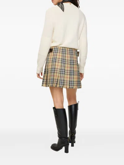 Burberry Women Beige Skirt With Adjustable Belt And All-over Check Motif In Wool Woman In Multi