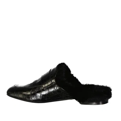 Eleventy Croc-embossed Leather Mules With Plush Fur Lining In Black