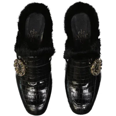 Eleventy Croc-embossed Leather Mules With Plush Fur Lining In Black