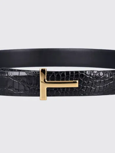 Tom Ford Black Crocodile Effect Leather Belt With T Buckle In Black