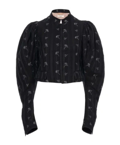 Chloé Puff-sleeve Cotton-silk Jacquard Cropped Jacket In Blue