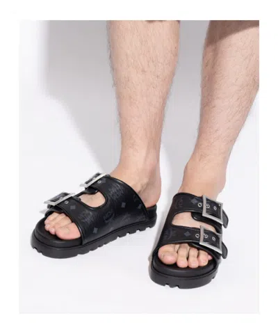 Mcm Buckle-detail Flat Sandals In Black