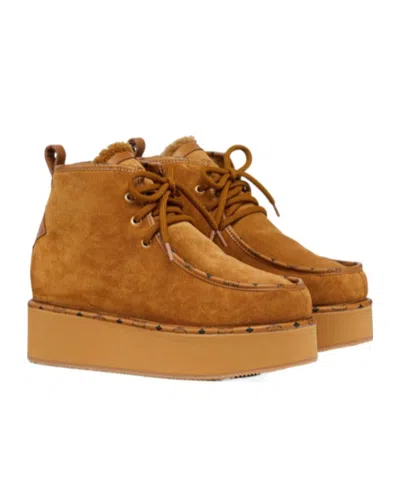 Mcm Platform Boots In Calfskin Suede Leather In Brown