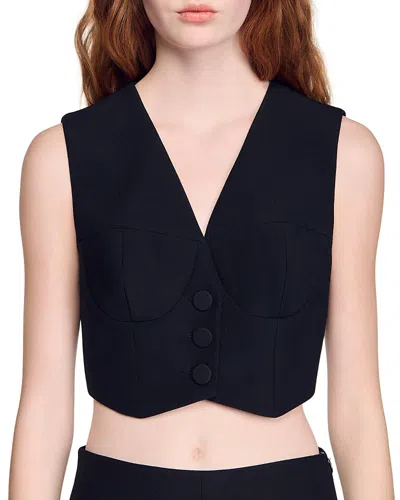 Sandro Womens Black V-neck Cropped Woven Top In Black