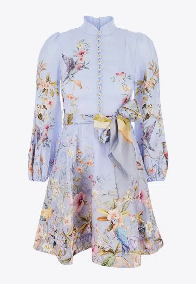 Zimmermann Rebellion Multicolor Midi Dress With Bow Detail On The Front And All-over Floral Print In Linen Woma In Blue