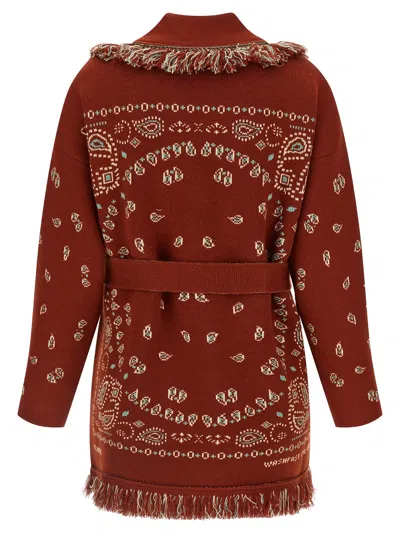 Alanui Bandana Knit Cardigan Belt Fringe Long In Brown