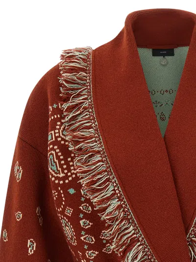 Alanui Bandana Knit Cardigan Belt Fringe Long In Brown