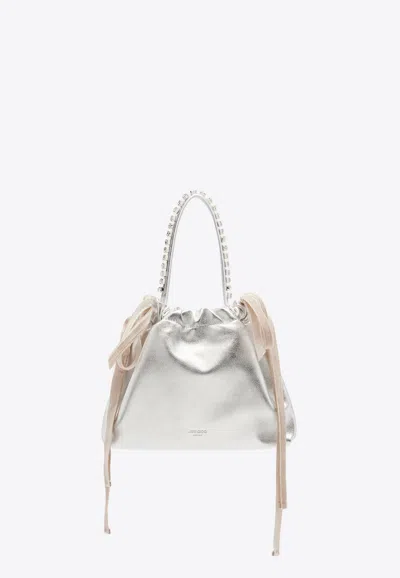 Jimmy Choo Drawstring Mini Embellished Leather Shoulder Bag In Silver