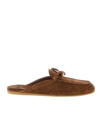 Miu Miu Suede Sabots Rounded Toe Bow Detail In Brown