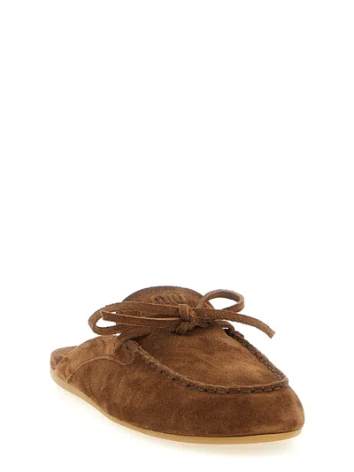 Miu Miu Suede Sabots Rounded Toe Bow Detail In Brown