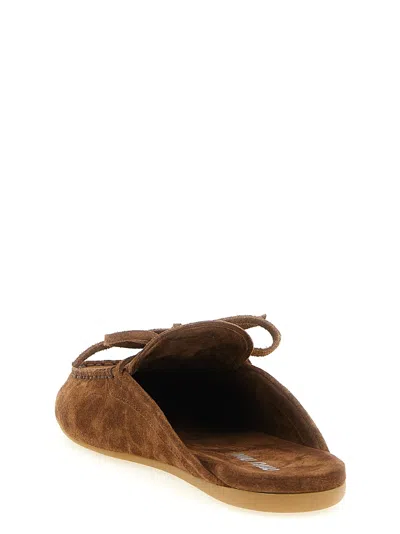 Miu Miu Suede Sabots Rounded Toe Bow Detail In Brown