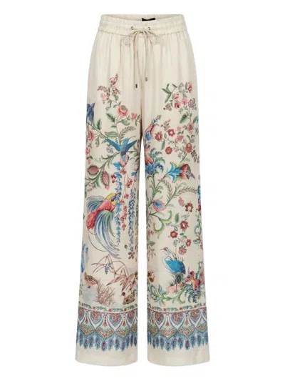 Etro Women White Pants With Elastic Drawstring Waist And All-over Floral Print In Tech Fabric Woman In Multi