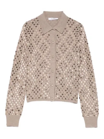 Max Mara Ragno Sequin Embellished Virgin Wool Cardigan In Brown