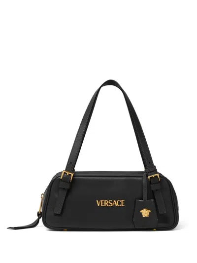 Versace Tag Bowling Black Shoulder Bag With Metallic Logo Lettering And Medusa Head Pendant In Leather Woman In Black