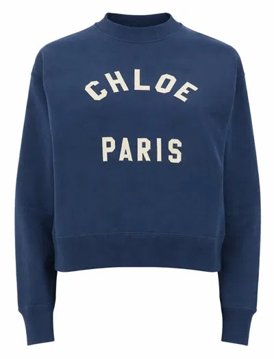 Chloé Blue Crewneck Sweatshirt With Logo Lettering Print In Cotton Woman In Blue