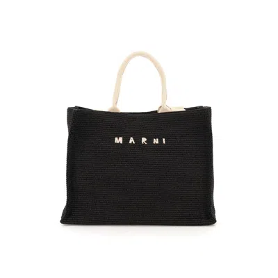 Marni Large Raffia Effect Tote Bag In Black