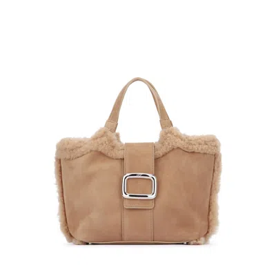 Roger Vivier Mini Leather Tote Bag With Shearling Trim In Brown
