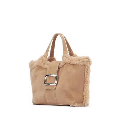 Roger Vivier Mini Leather Tote Bag With Shearling Trim In Brown