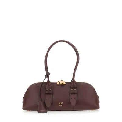 Pinko Bowling Bag Horizontal Big Brown Handbag With Adjustable And Removable Shoulder Strap And Padl In Brown