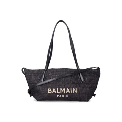 Balmain Women Calfskin And Raffia Track Shoulder Bag In Black