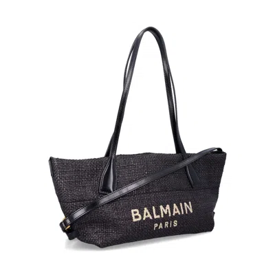 Balmain Women Calfskin And Raffia Track Shoulder Bag In Black