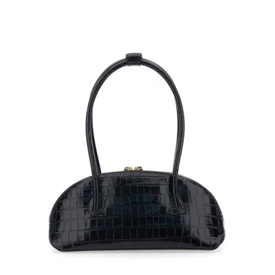Little Liffner Ew Dome Black Shoulder Bag With Round Top Handles And Crocodile Effect In Leather Wom In Black