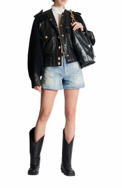 Balmain Quilted Leather And Tweed Bomber Jacket In Black