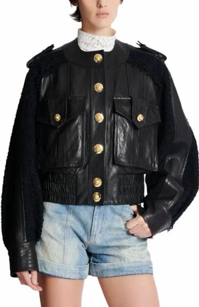 Balmain Quilted Leather And Tweed Bomber Jacket In Black