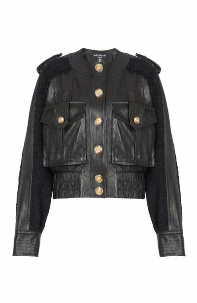 Balmain Quilted Leather And Tweed Bomber Jacket In Black
