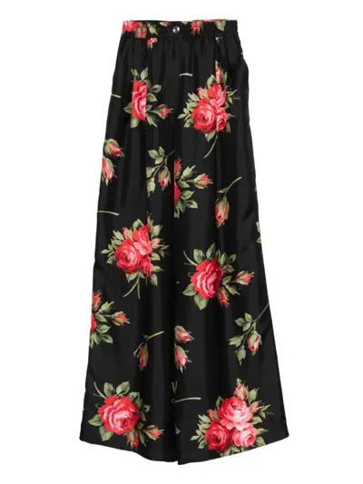 Dolce & Gabbana Women Wide-leg Pants With A Rose Bouquet Print In Black