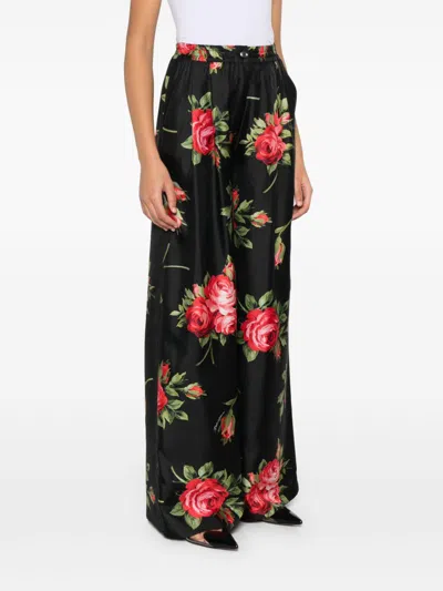 Dolce & Gabbana Women Wide-leg Pants With A Rose Bouquet Print In Black