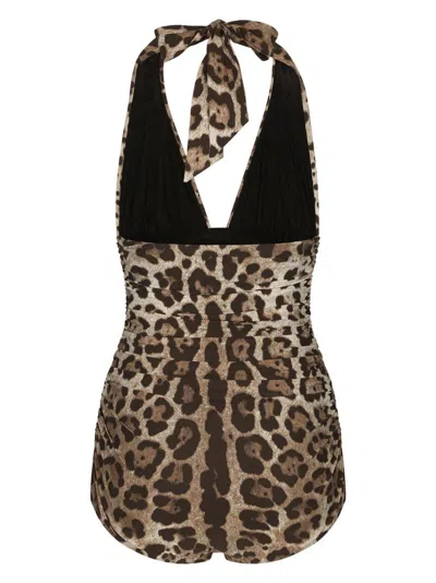 Dolce & Gabbana Women Leopard Printed Sensitive Fabric One-piece Swimsuit In Brown
