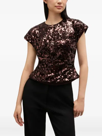 Ganni Womens Demitasse Bow-embroidered Sequin-embellished Velvet Top In Brown