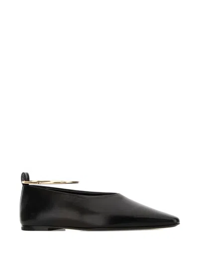 Jil Sander Leather Ballerina Flats Pointed Toe Ankle Strap In Black