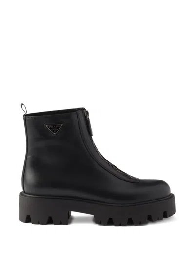 Prada Leather Platform Ankle Boots In Black