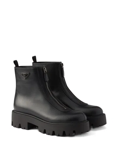 Prada Leather Platform Ankle Boots In Black
