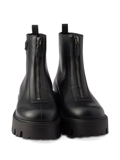 Prada Leather Platform Ankle Boots In Black