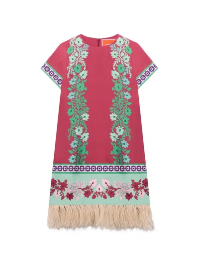La Doublej Swing Feather-trimmed Printed Silk-twill Mini Dress In Pink