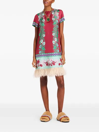 La Doublej Swing Feather-trimmed Printed Silk-twill Mini Dress In Pink