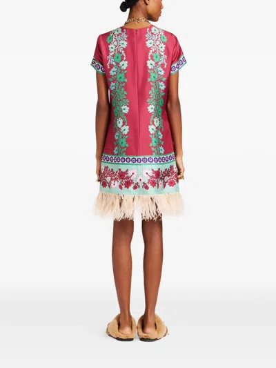 La Doublej Swing Feather-trimmed Printed Silk-twill Mini Dress In Pink