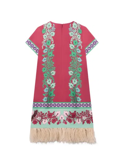 La Doublej Swing Feather-trimmed Printed Silk-twill Mini Dress In Pink