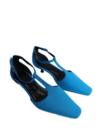 Pre-owned By Far Kitten Heel T-strap Heels In Blue