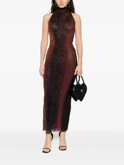 Jean Paul Gaultier Multicolor Snake Print High Neck Polyamide Maxi Dress In Black