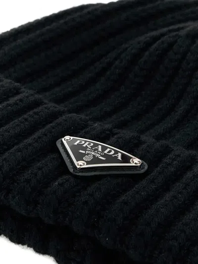 Prada Mens Blue Brand-plaque Cashmere And Wool-blend Beanie Hat In Black